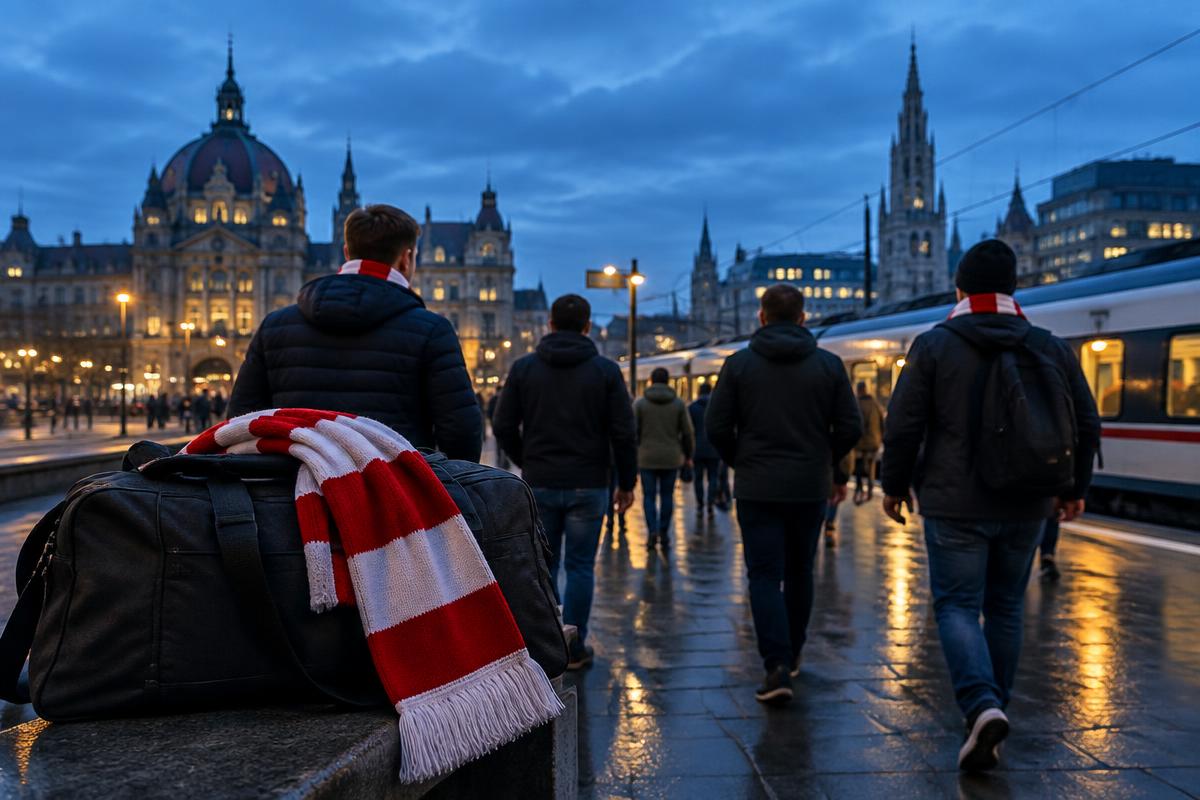 Red and white scarf beside a travel bag at a Brussels railway station