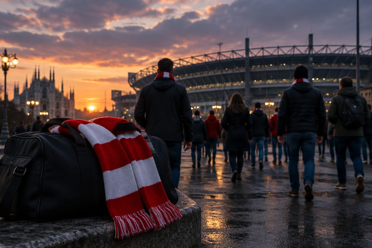 Red and white scarf beside a travel bag outside an unbranded Milan stadium