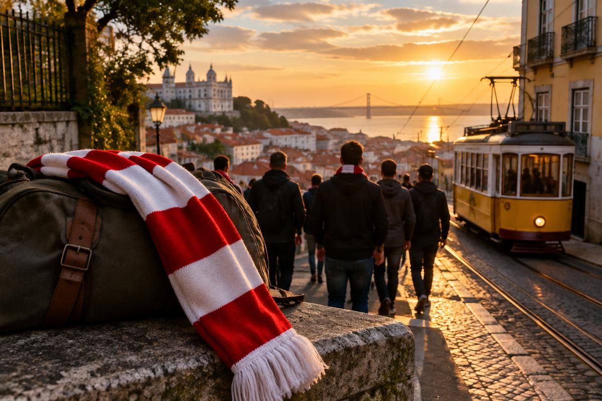 Red and white scarf beside a travel bag overlooking a Portuguese city