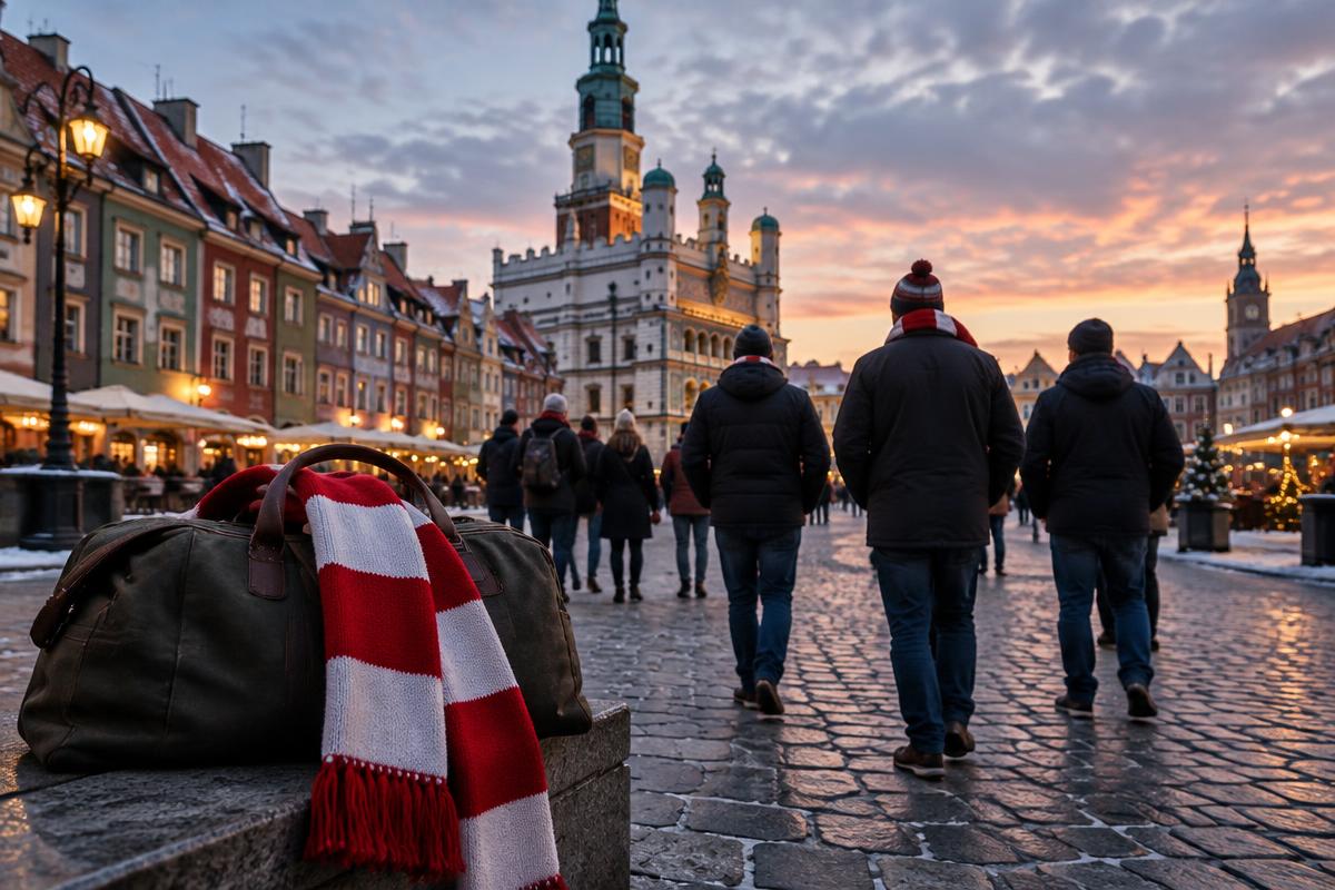 Red and white scarf beside a travel bag in a Polish city square
