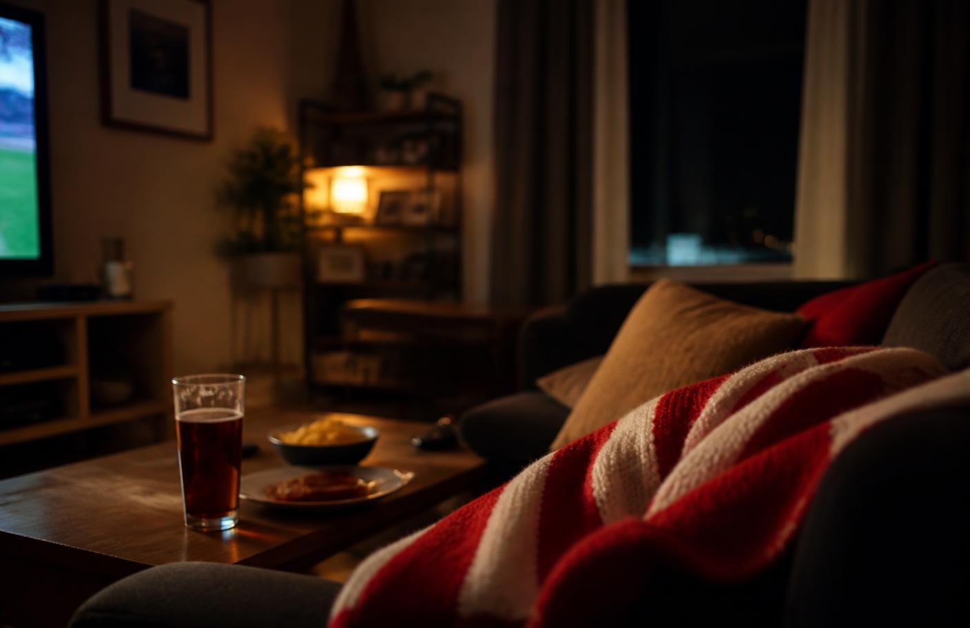 A living room at night with a match on the television and a red and white scarf over the sofa